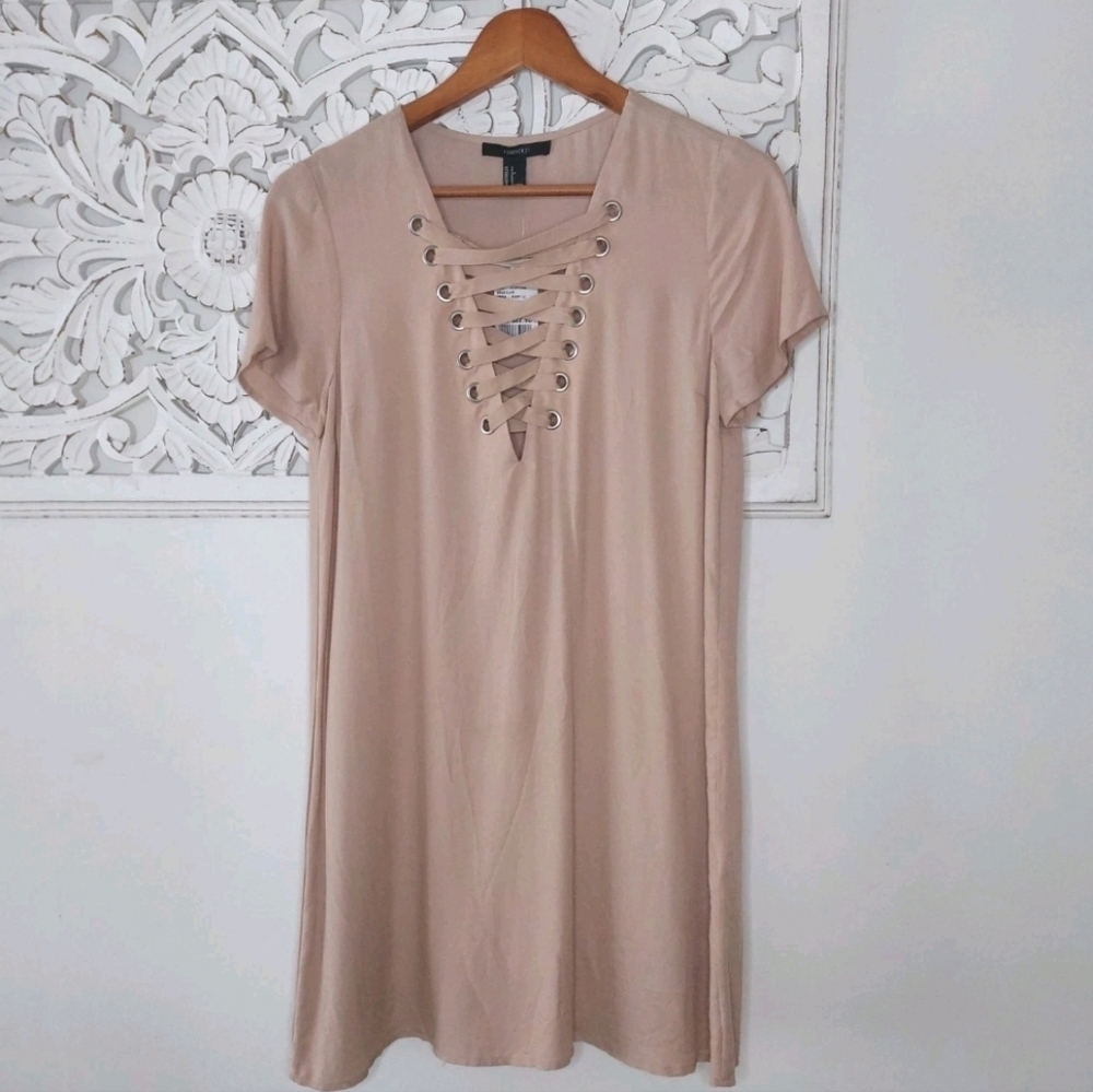 Forever 21 Cream Beige Taupe Lace-Up Shift Mini Dress Size Small